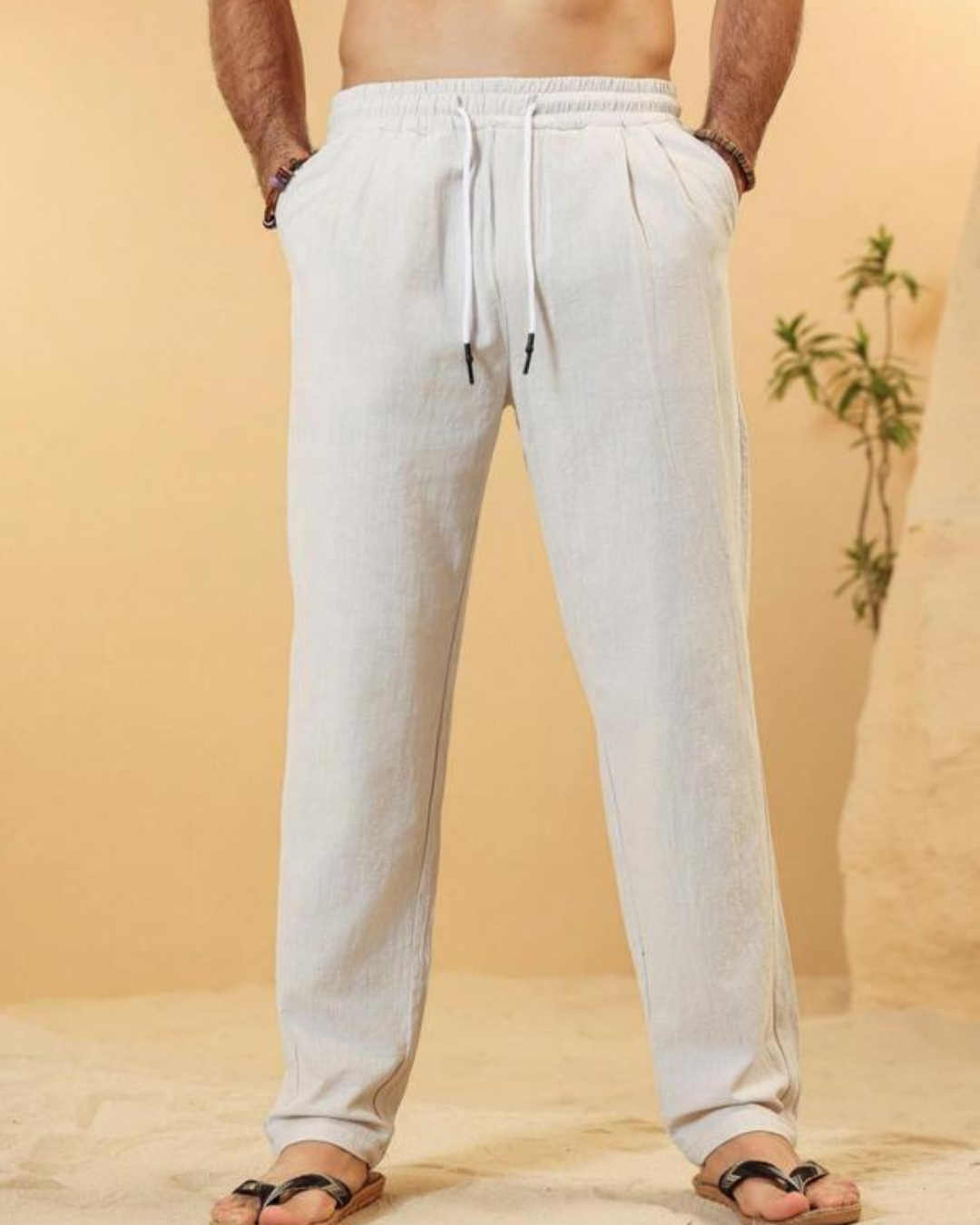 Pantalón Largo de Lino con Cintura Elástica y Ajuste Relajado para Hombre