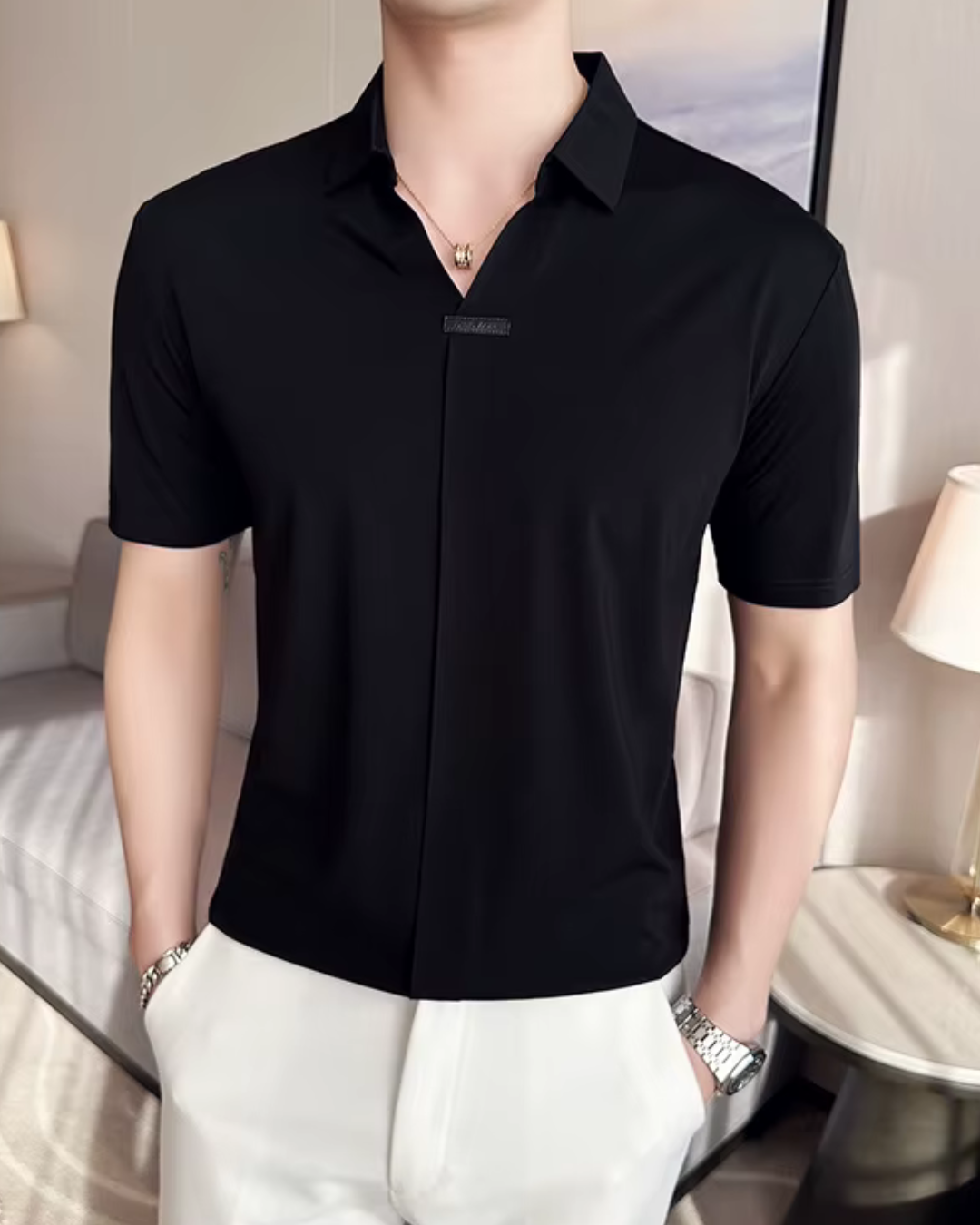 Polo para hombre con alta elasticida suave y resistente a las arrugas en color liso