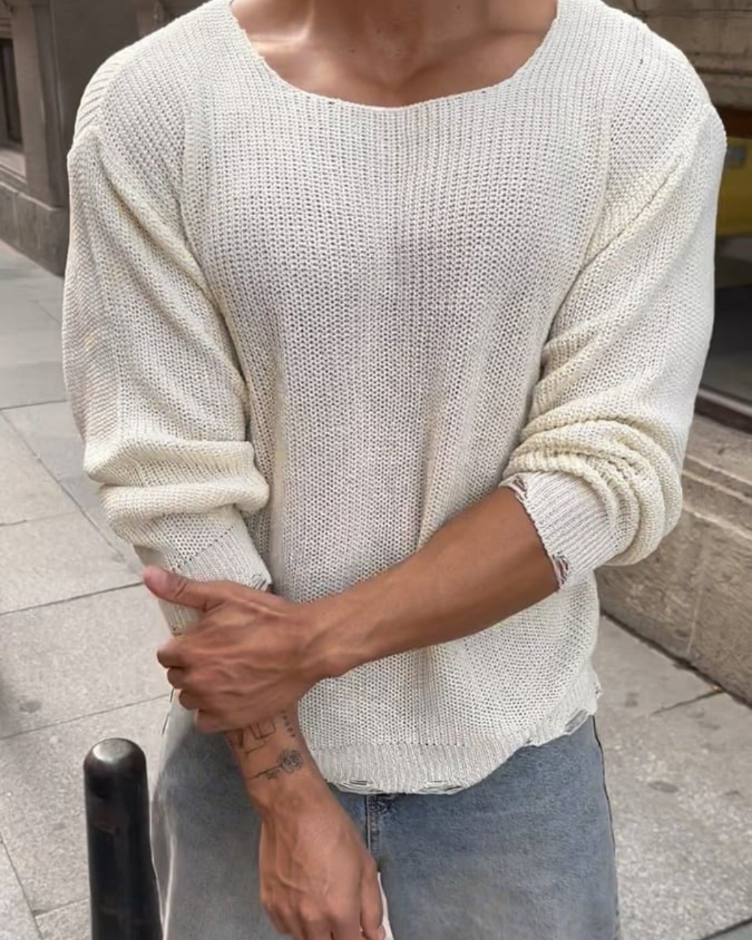 Suéter Holgado de Manga Larga con Cuello Redondo Grande para Hombre