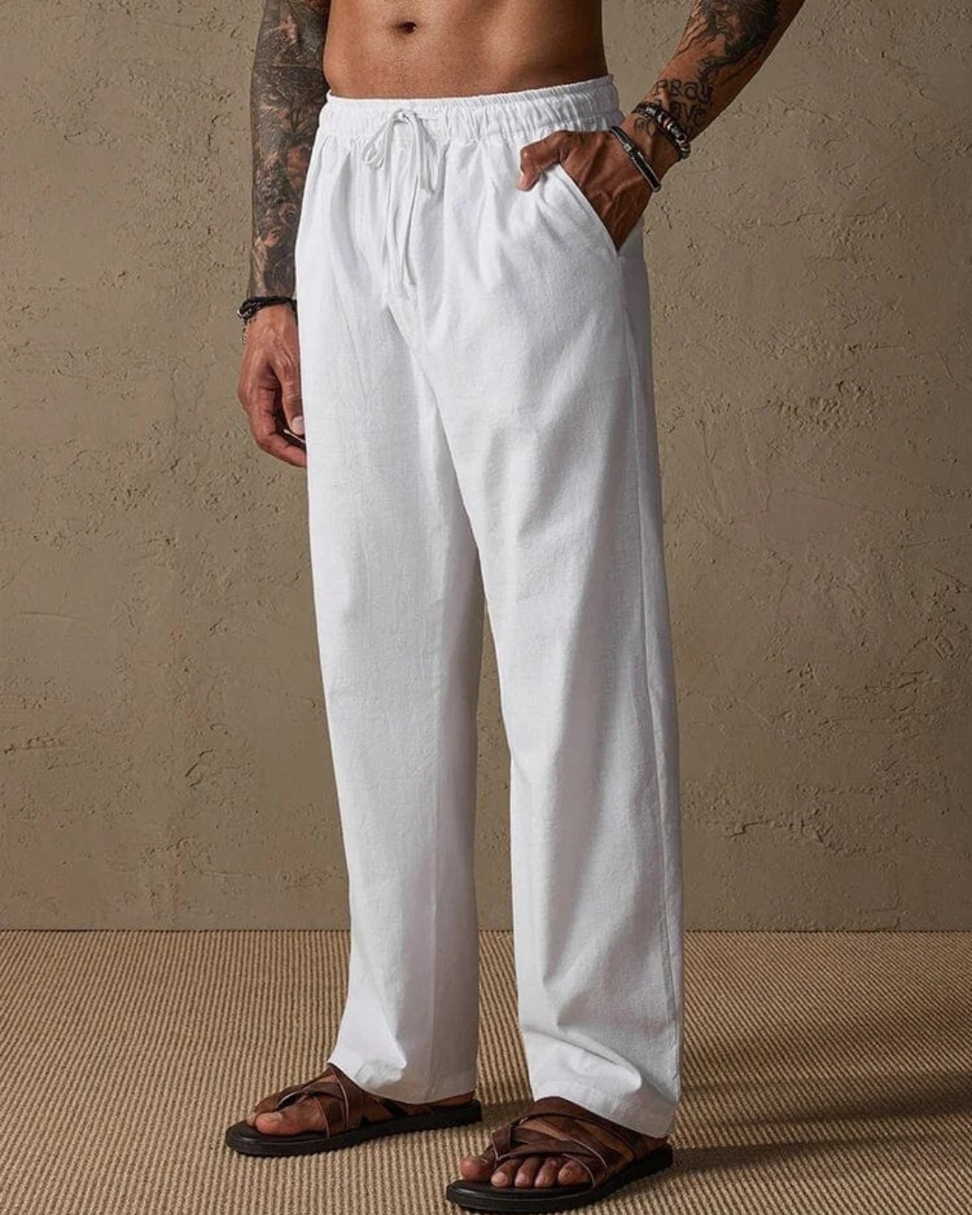 Pantalón con Corte Recto y Cintura Ajustable de Lino para Hombre
