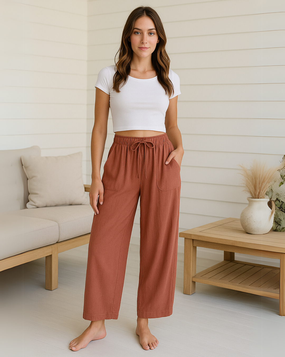 Pantalón Anchos de Lino para Mujer con Bolsillos