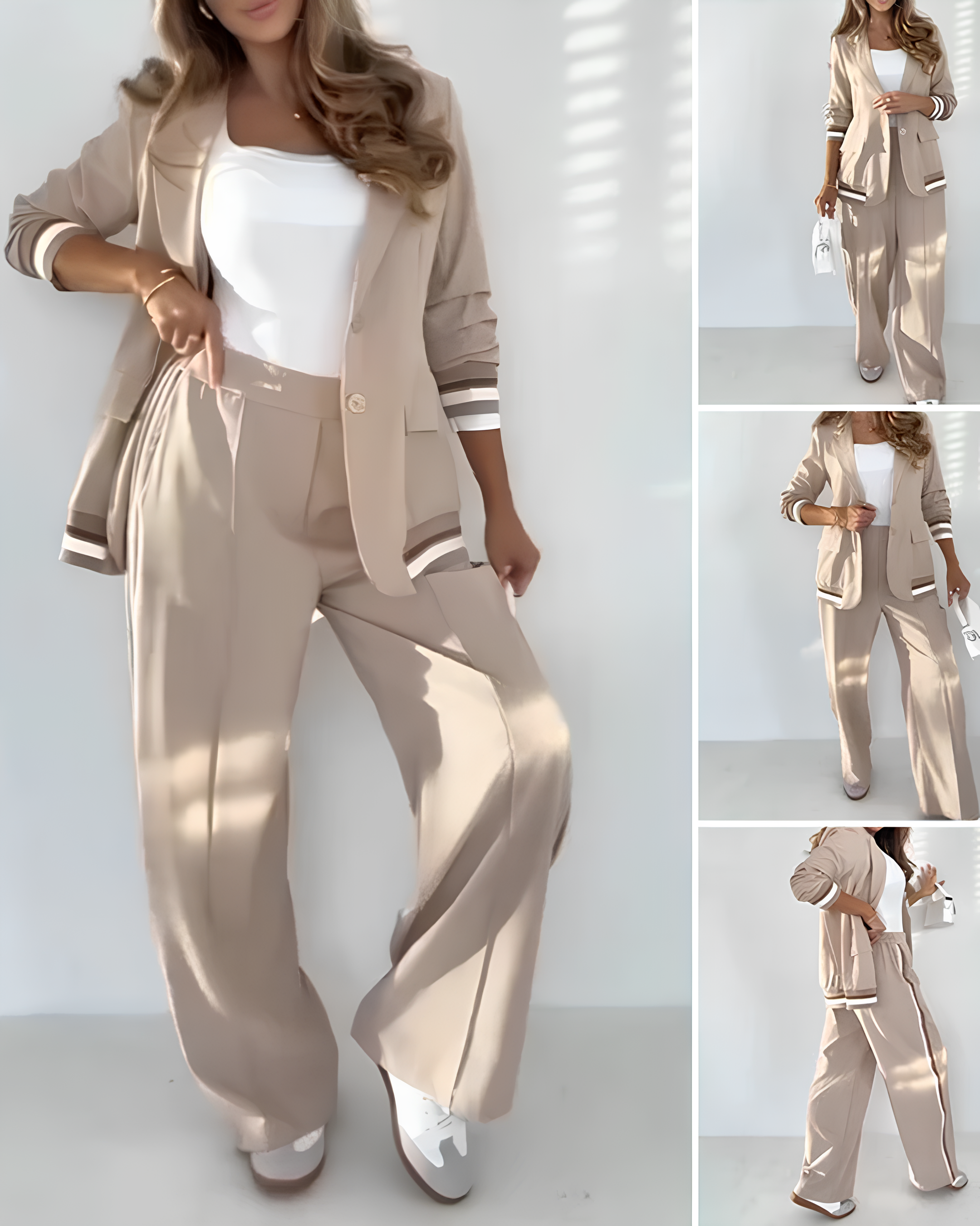 Conjunto Elegante de Blazer y Pantalón Palazzo en Beige Estilo Sofisticado y Moderno®