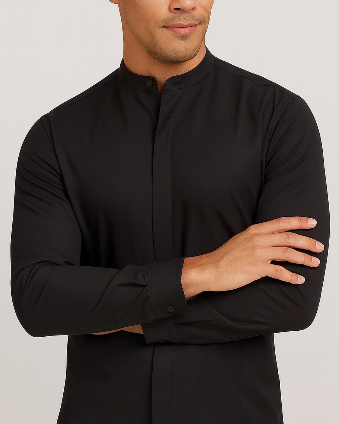 Camisa Manga Larga con Cuello Mao y Cierre Oculto para Hombre