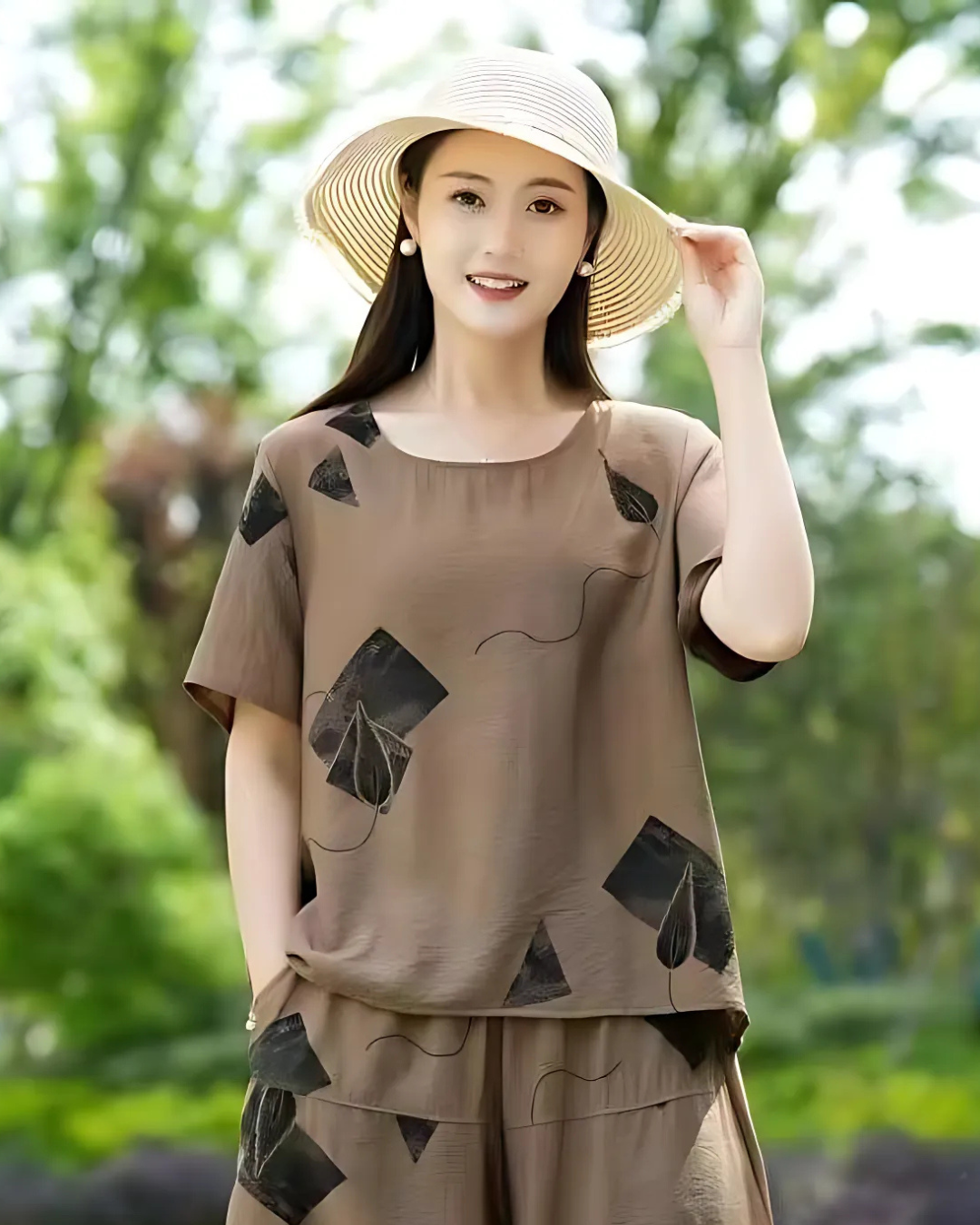 Conjunto de Dos Piezas de Lino con Estampado Artístico para Mujer