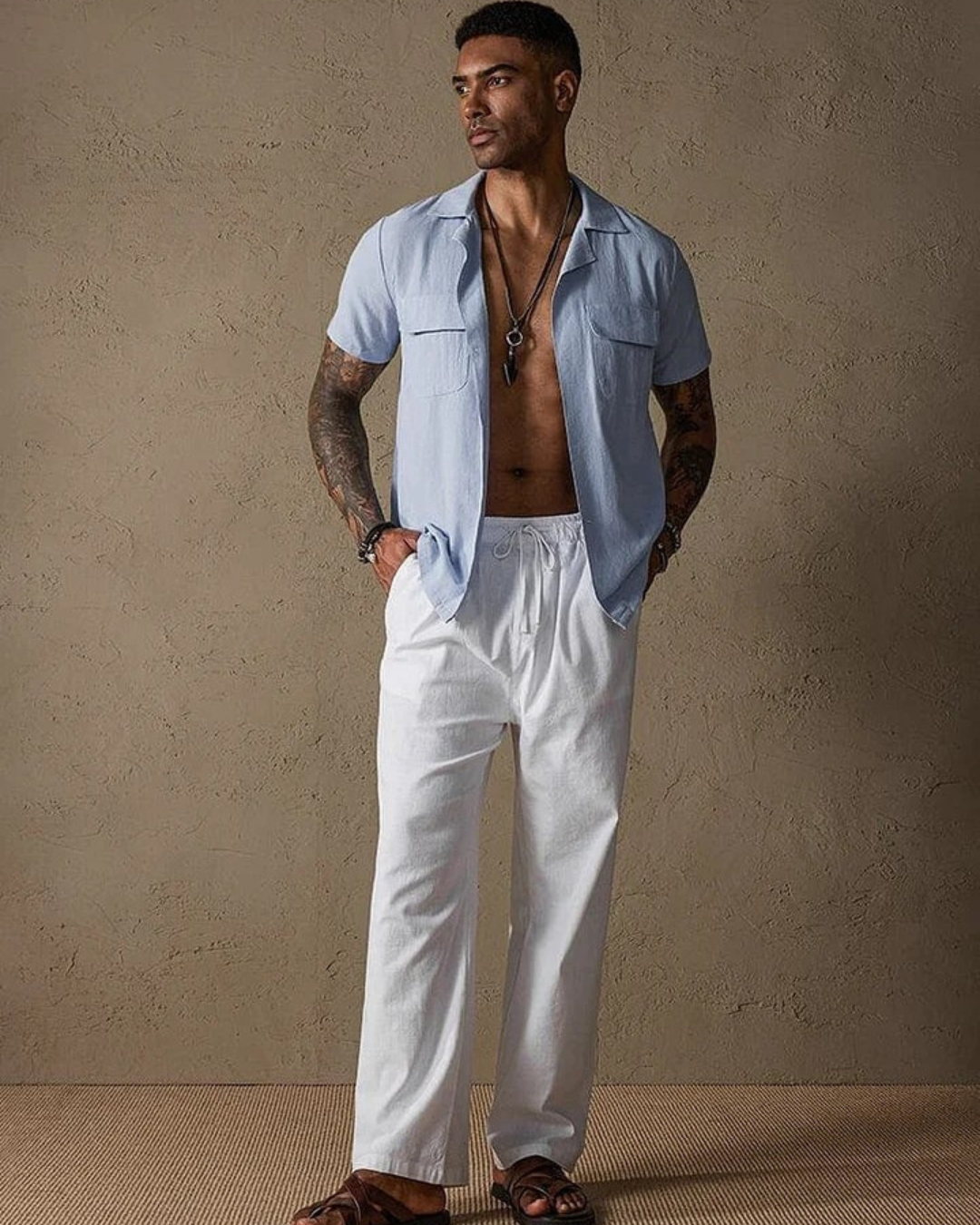 Pantalón con Corte Recto y Cintura Ajustable de Lino para Hombre