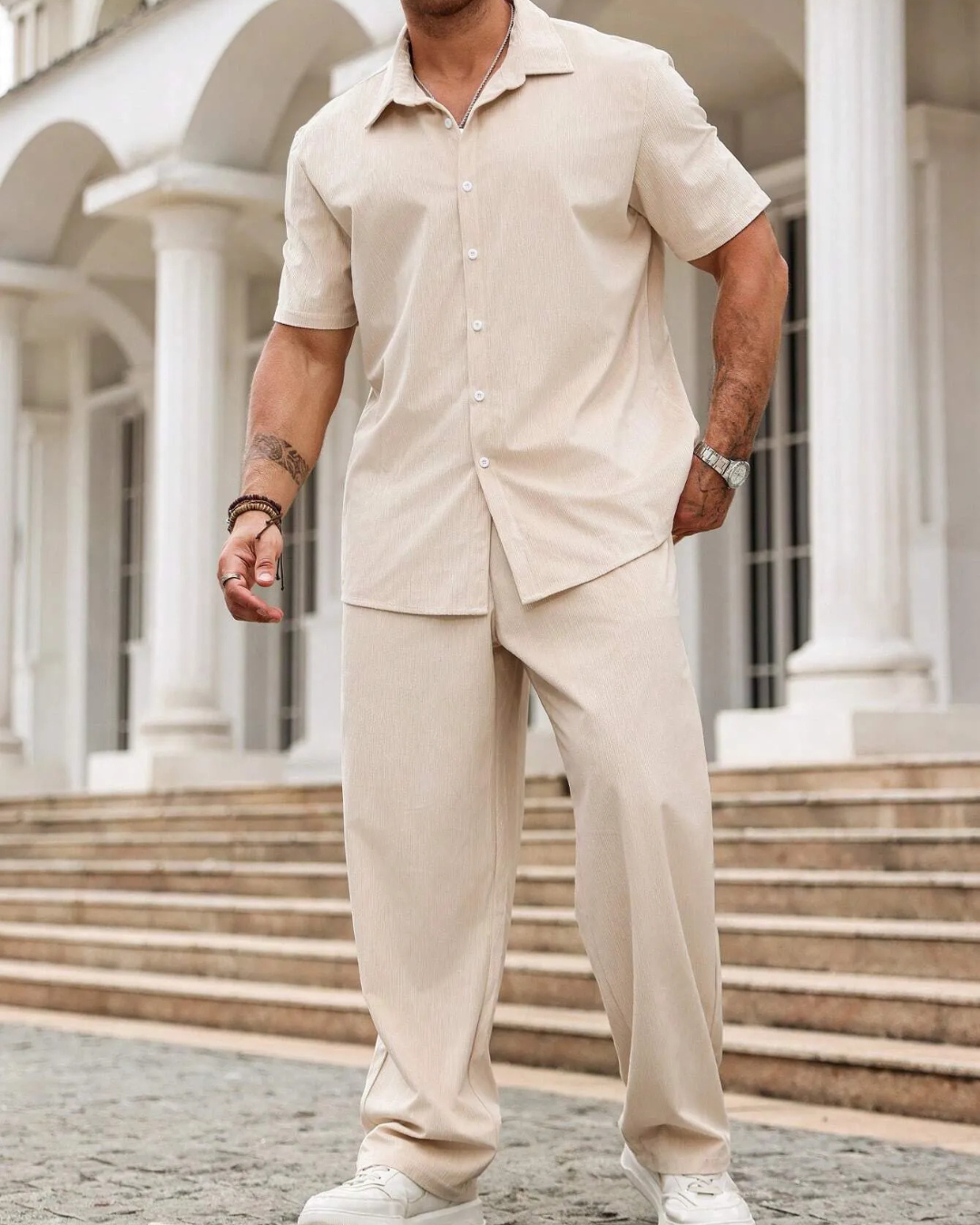 Conjunto informal de camisa de manga corta y pantalones para hombre®