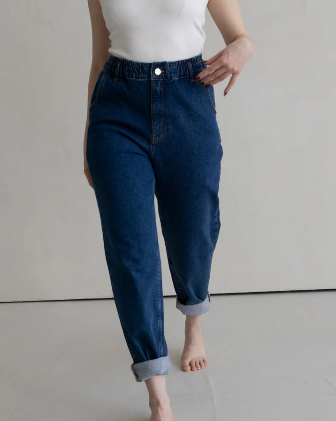 Pantalón Mom Fit con Cintura Elástica y Dobladillo Enrollado para Mujer