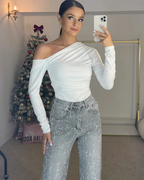 Pantalón estilo Vaqueros de Pierna Ancha con Diamante para Mujer®