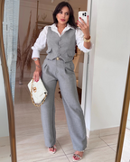 Conjunto en Lino de Chaleco y Pantalón de Pierna Ancha para Mujer