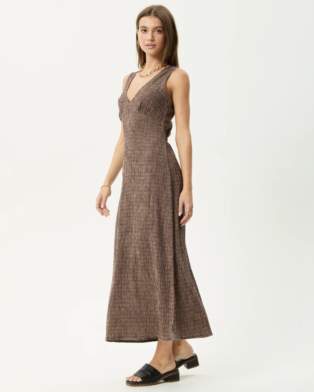 Vestido Largo sin Mangas con Escote en V y Estampado de Cuadro