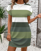 Vestido casual de cuello redondo con estampado de rayas de colores