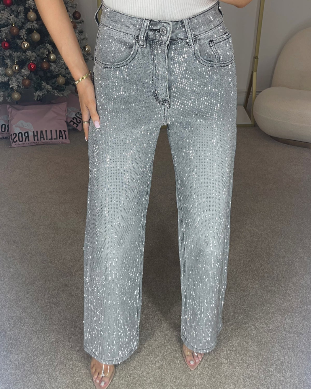 Pantalón estilo Vaqueros de Pierna Ancha con Diamante para Mujer