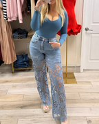 Pantalón de jean para mujer con encaje floral en las piernas®