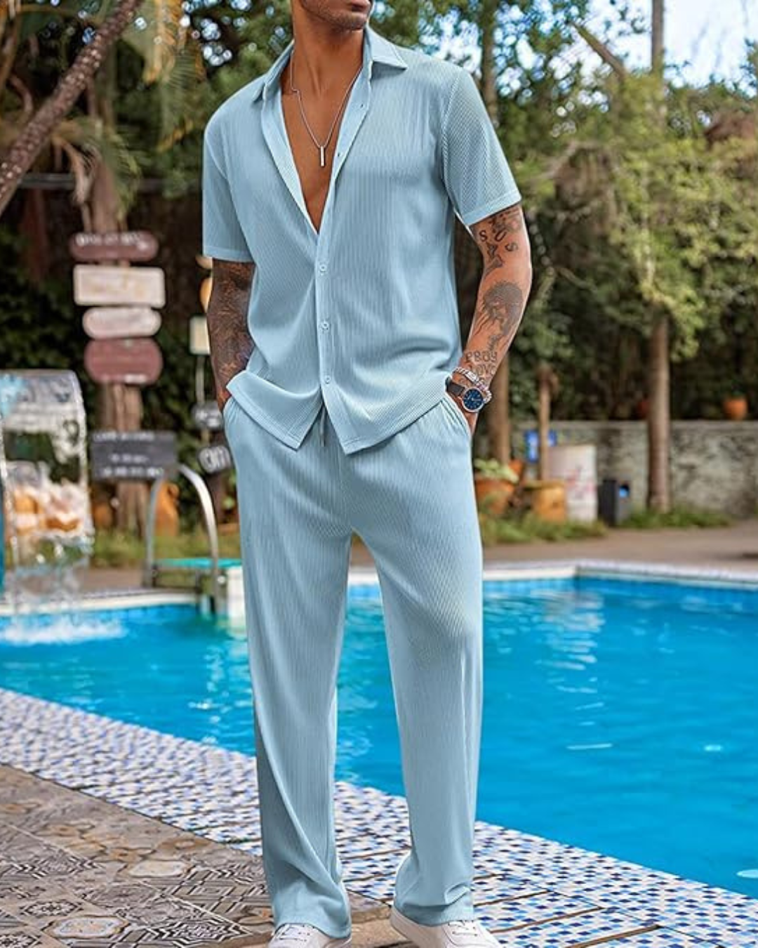 Conjunto informal de camisa de manga corta y pantalones para hombre®