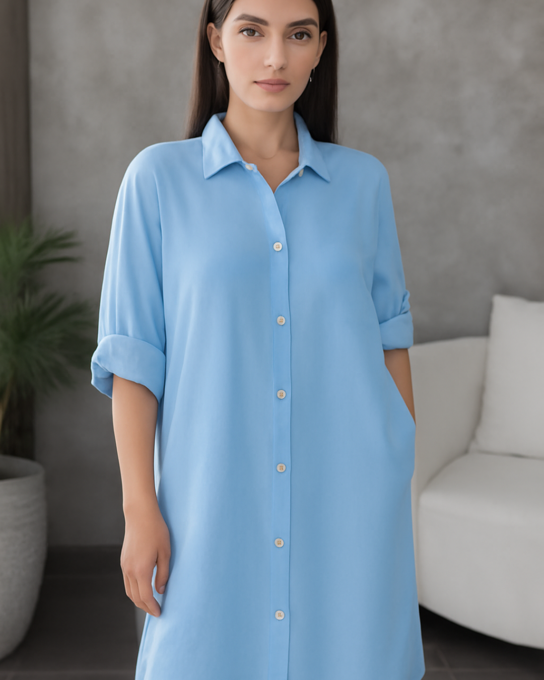 Vestido Camisero Holgado de Tela Fresca