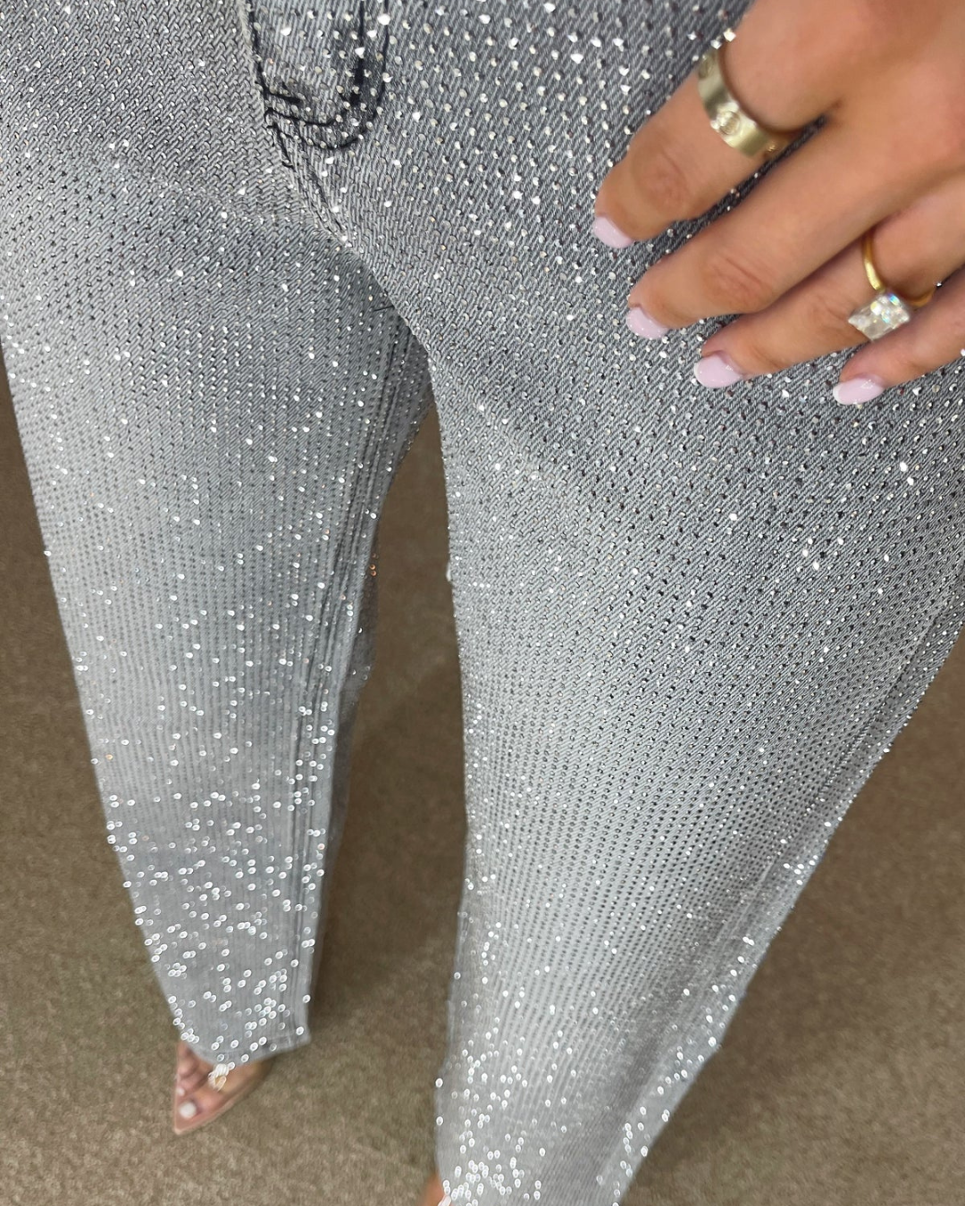 Pantalón estilo Vaqueros de Pierna Ancha con Diamante para Mujer®