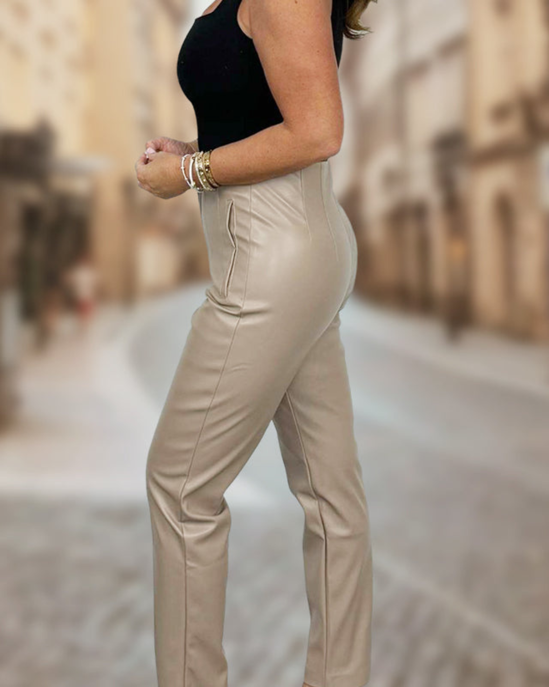 Pantalón de Cintura Alta de Cuero Sintético para Mujer