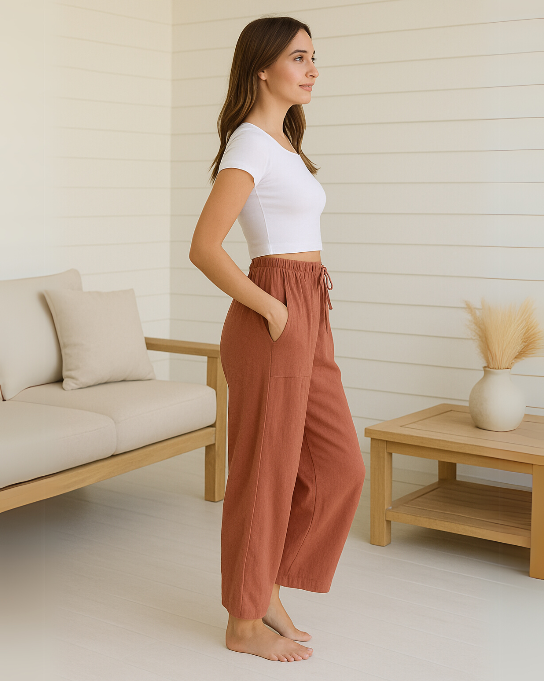 Pantalón Anchos de Lino para Mujer con Bolsillos