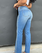 Pantalón Recto con Perlas y Cristales a los Lados®