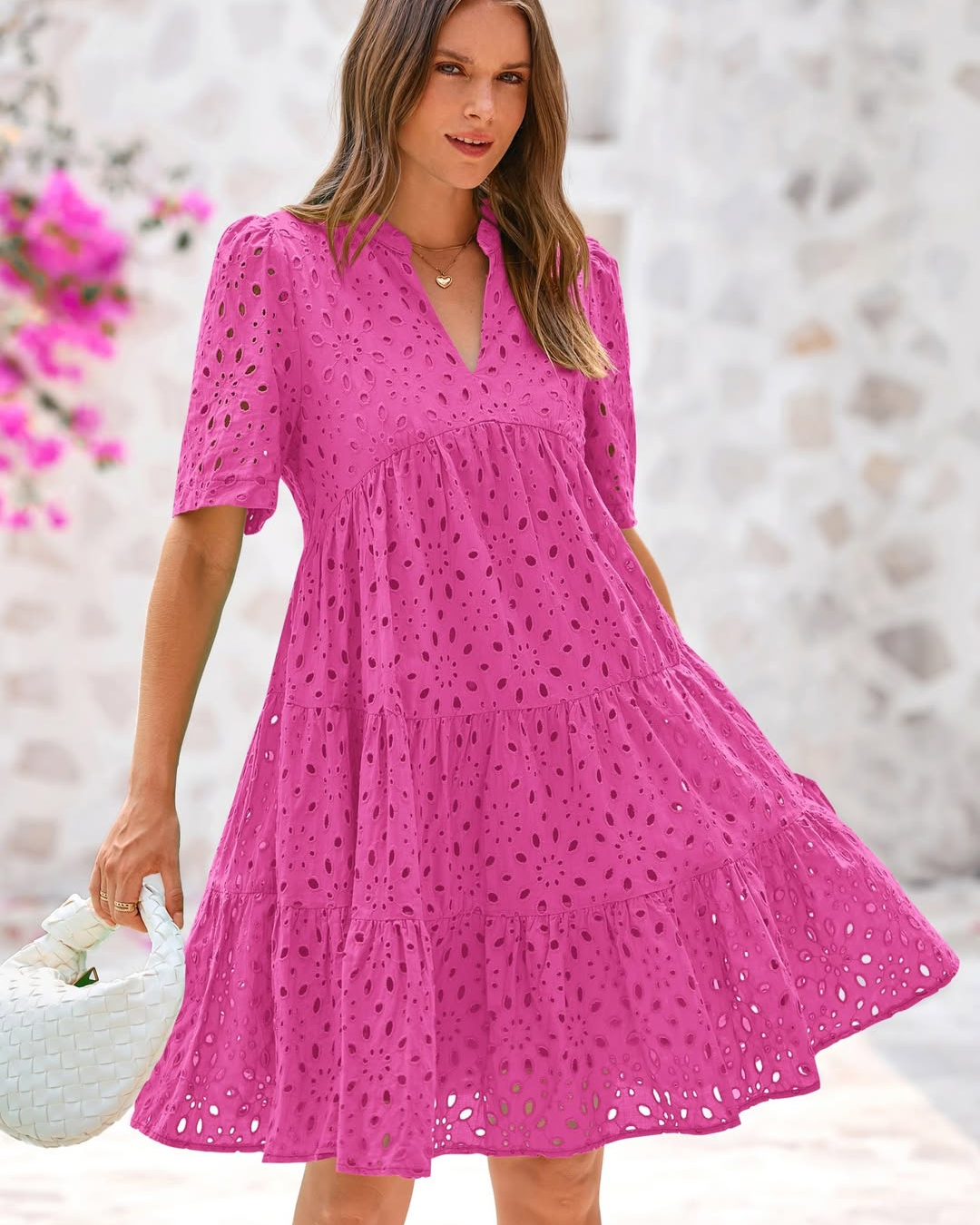 Vestido Mini Informal Elegante con Encaje Calado y Volantes para Mujer