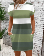 Vestido casual de cuello redondo con estampado de rayas de colores