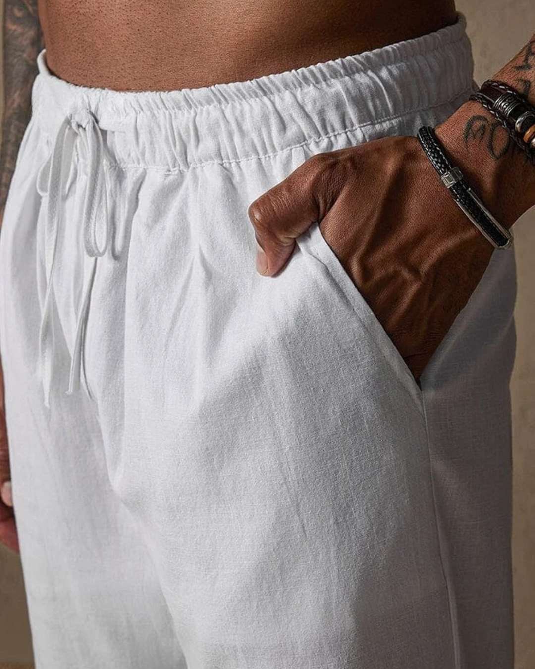 Pantalón con Corte Recto y Cintura Ajustable de Lino para Hombre