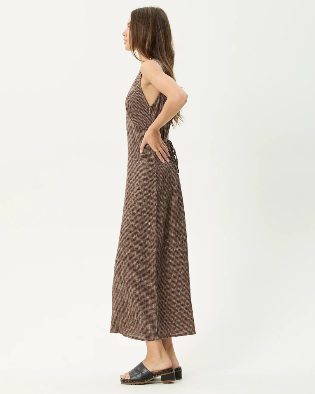 Vestido Largo sin Mangas con Escote en V y Estampado de Cuadro