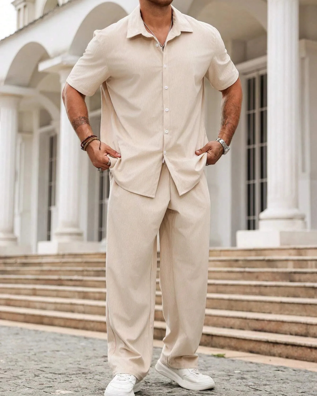 Conjunto informal de camisa de manga corta y pantalones para hombre®