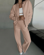 Conjunto de Chaqueta con Cremallera y Pantalón de Pierna Ancha para Mujer