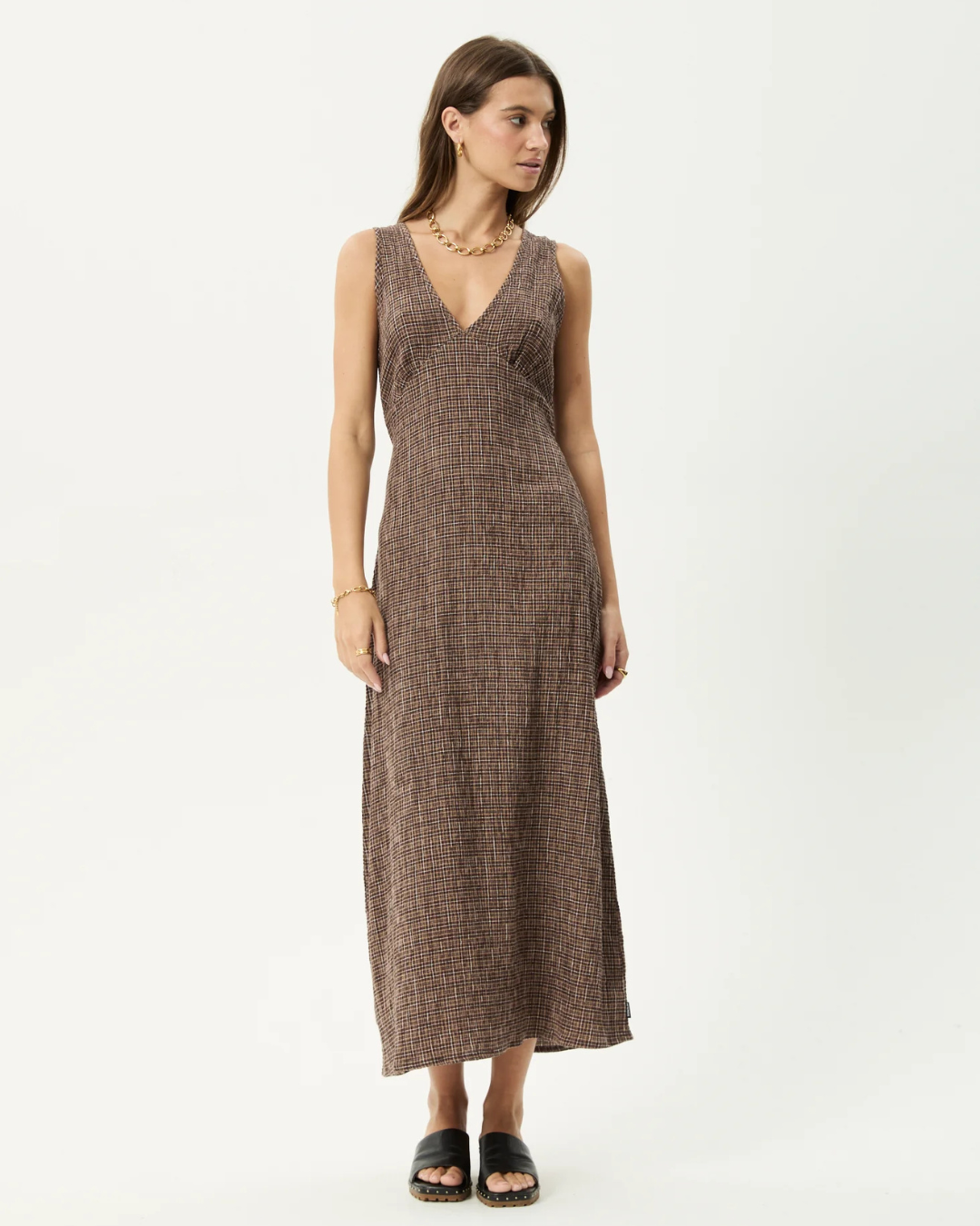 Vestido Largo sin Mangas con Escote en V y Estampado de Cuadro