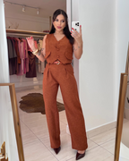 Conjunto en Lino de Chaleco y Pantalón de Pierna Ancha para Mujer