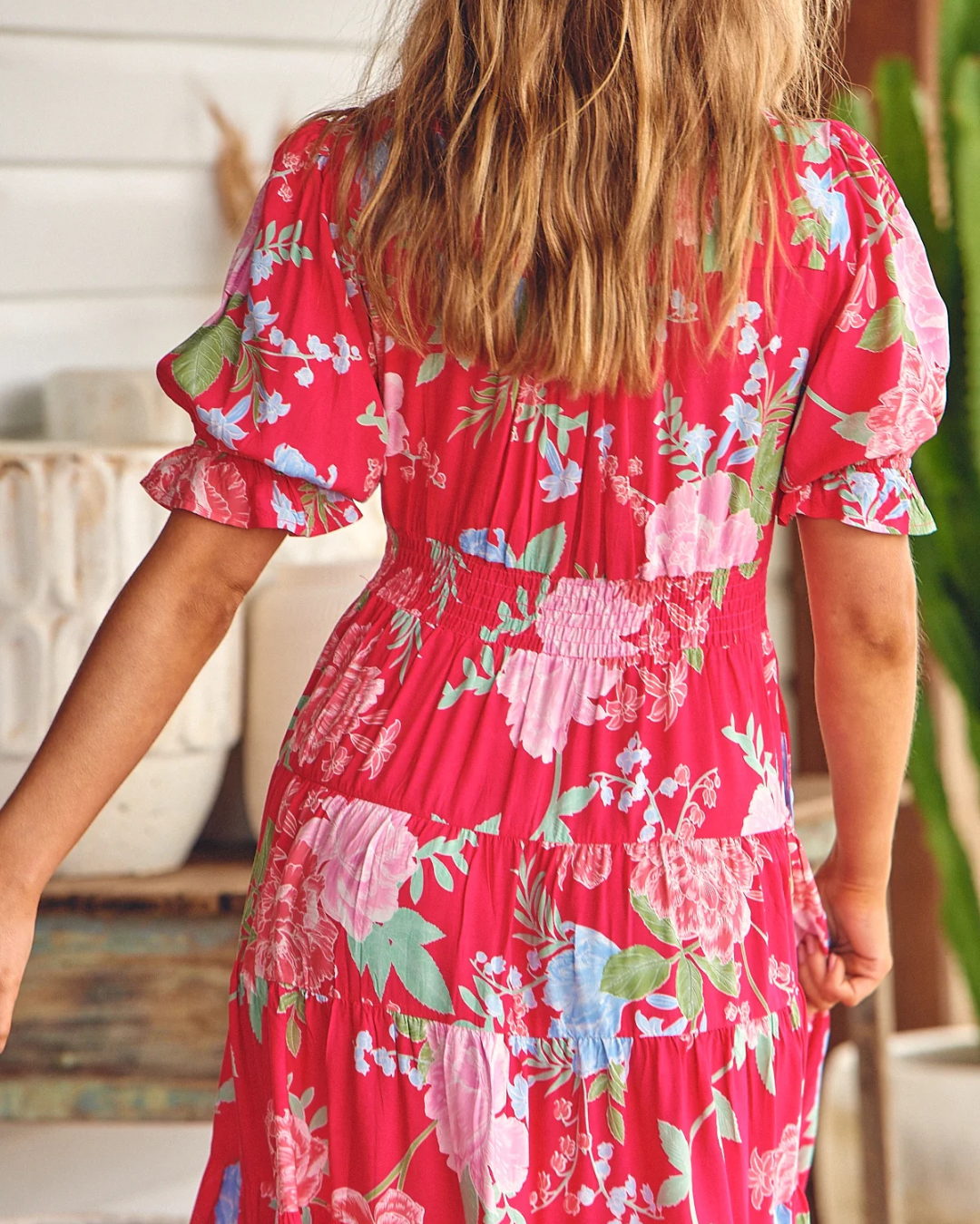 Vestido Largo con Escote en V y Mangas Elásticas®