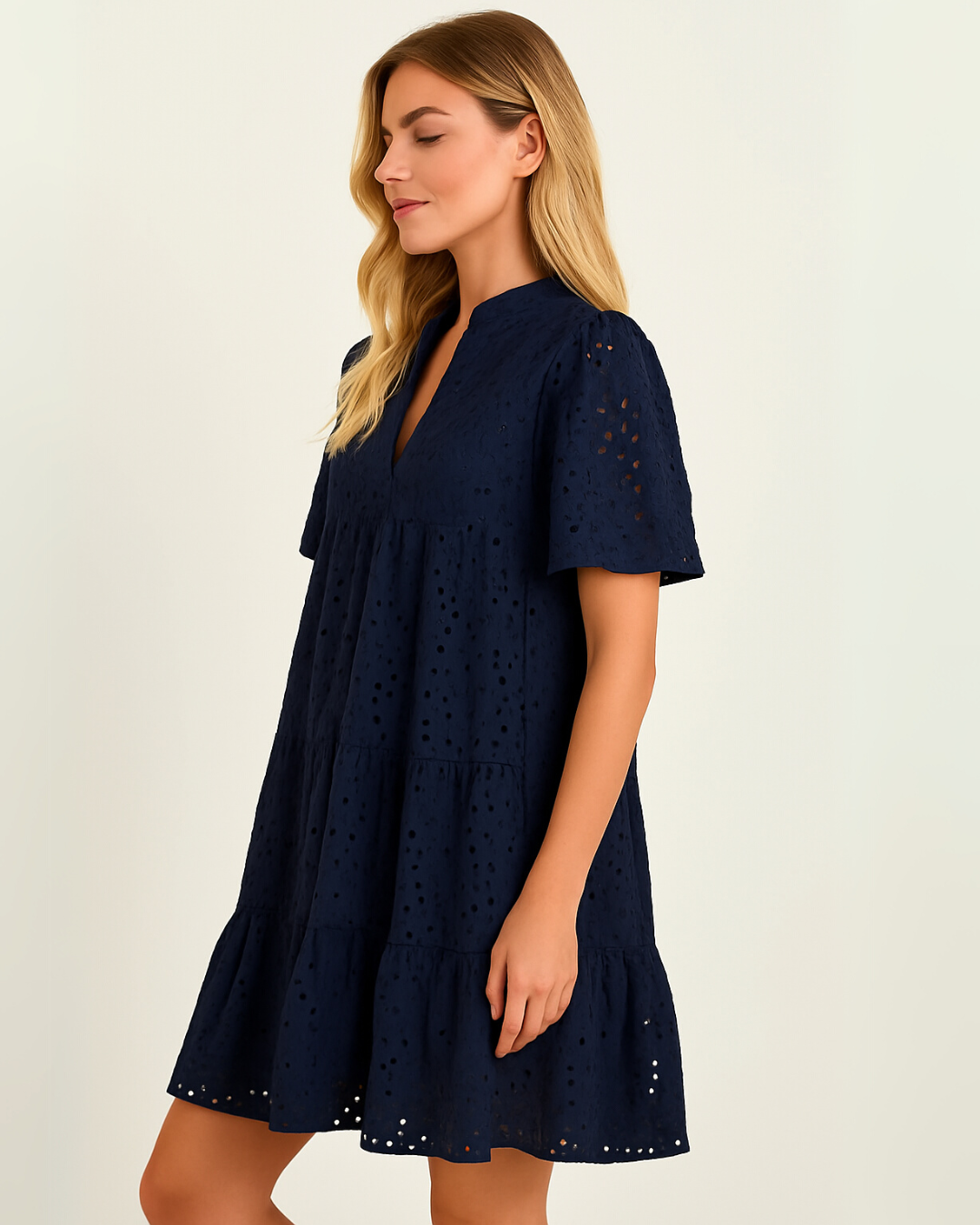Vestido Mini Informal Elegante con Encaje Calado y Volantes para Mujer