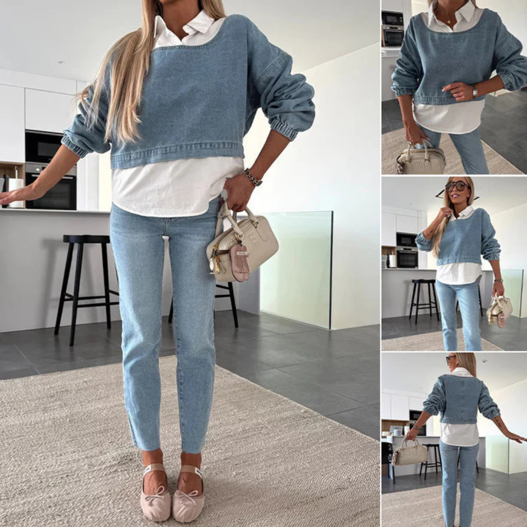 Conjunto de dos piezas de camisa manga larga y pantalón jeans para mujer