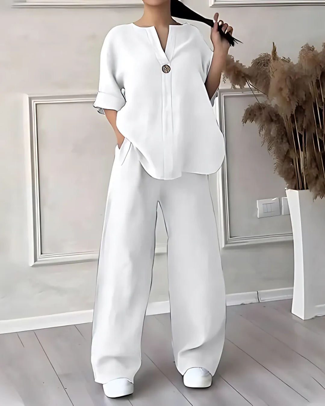 Conjunto Informal de Dos Piezas de Algodón y Lino Decorado con Botones para Mujer®