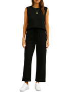 Conjunto de Dos Piezas de Top y Pantalón Corto Ancho con Mangas Cortas para Mujer