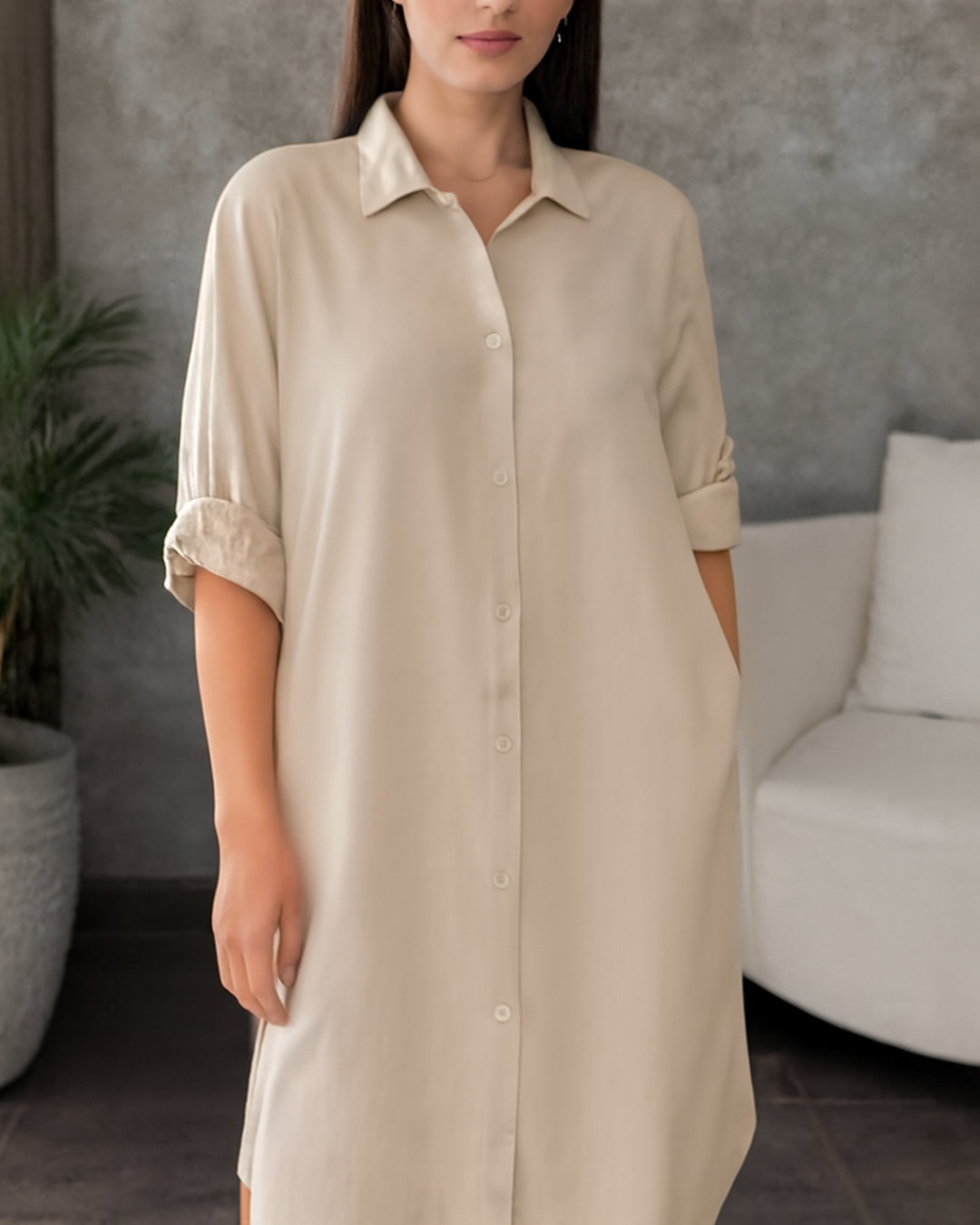 Vestido Camisero Holgado de Tela Fresca