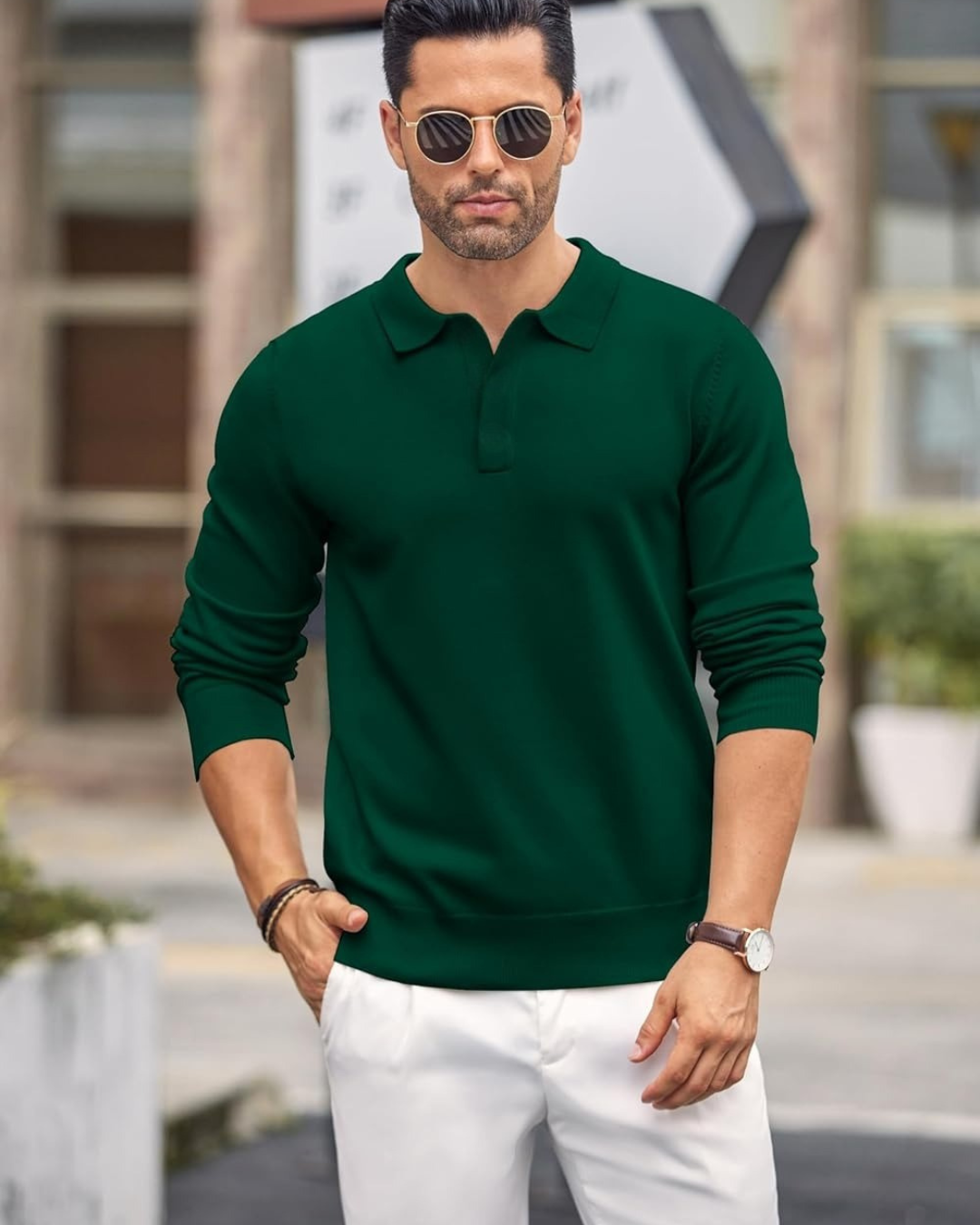 Polo de manga larga informal para hombre